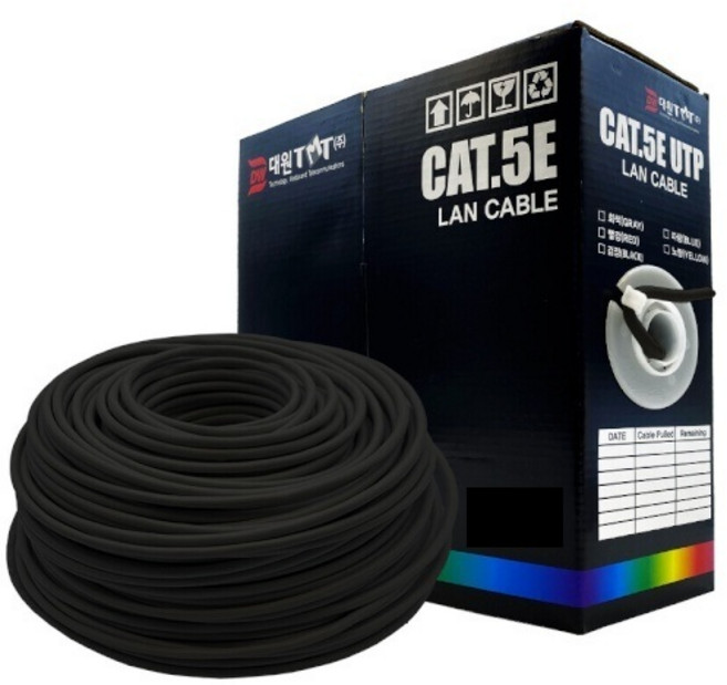 대원티엠티 CAT5e UTP 제작 랜케이블 단선 24awg 통신공사용, 100m, 1박스, 블랙