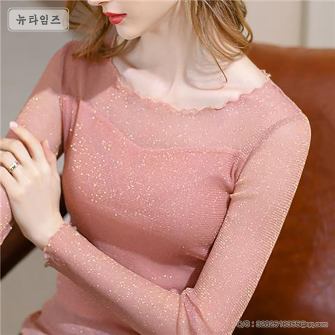 여성 라인 라틴 반짝반짝 시스루 긴팔 댄스복 상의 여자 댄스티셔츠, 핑크