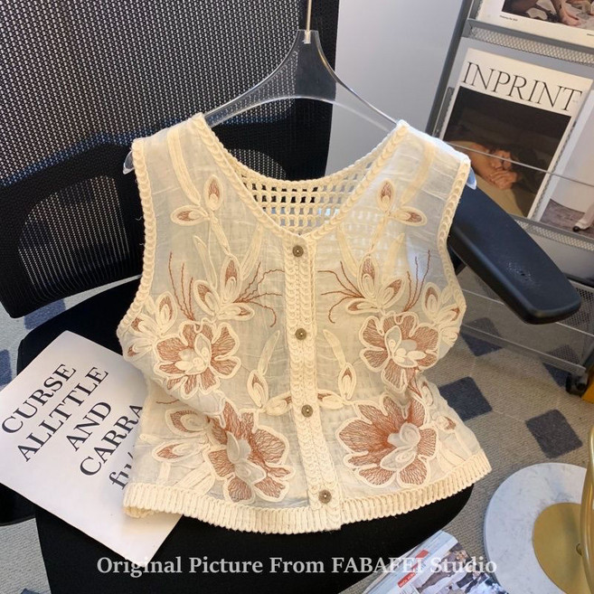 여성 자수 레이스 펀칭 민소매 베스트 여름 얇은 나시 상의 패션 여성 뜨게 조끼 베스트 YJW