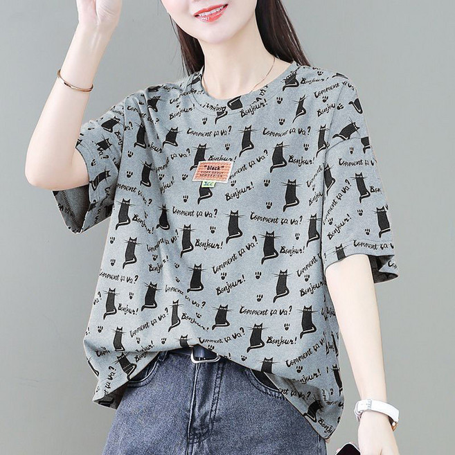 패션 중년 여성 라운드 티셔츠 캐주얼 나염 반팔 티셔츠 빅사이즈 루즈핏 여름 여성 반팔티 상의 YSQ