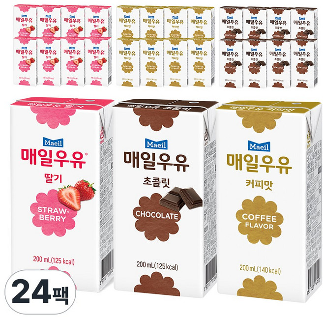 [매일유업] 매일멸균우유 200ml 딸기우유8+초코우유8+커피우유8(총24팩), 1개