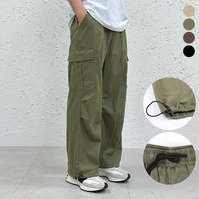 더맨쉽 허리밴딩 면스판 와이드 카고 밑단 스트링 팬츠 핏조절 빅사이즈 NJTCP27027