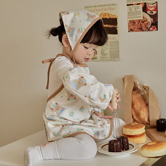 돗투돗 유아 어린이집 방수 앞치마 두건 토시 3종세트 3~5세용, 돗꼼(브라운)