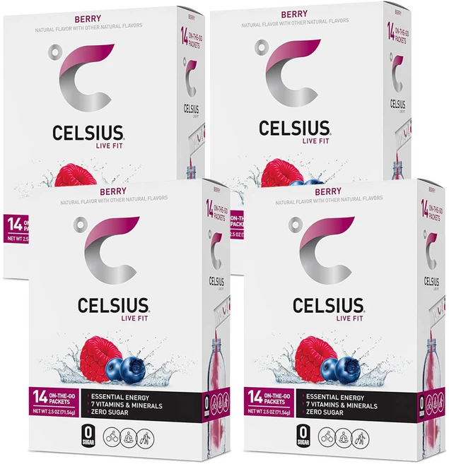 CELSIUS Berry Powder Stick Packs 셀시어스 베리 파우더 스틱 14개입 1박스, 71.5g, 4개 - 쿠팡