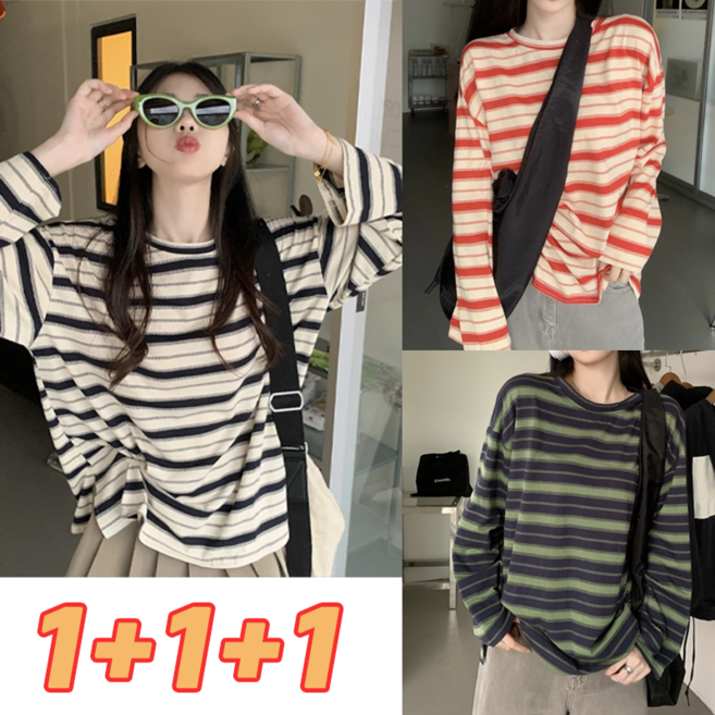 TIMEPURE 스리피스 3P 라운드넥 스트라이프 긴팔 티셔츠 여자 봄 가을 디자인 루즈핏 날씬해 보이는 캐주얼 학생 트임 이너 맨투맨 빅사이즈 상의 1+1+1