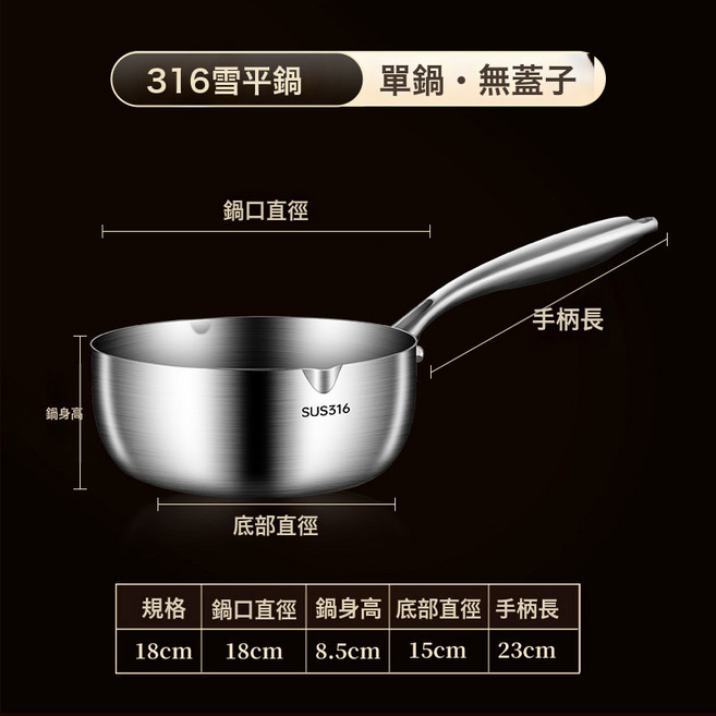DFMEI 316不鏽鋼小奶鍋雪平鍋加厚無塗層寶寶輔食不沾鍋湯鍋泡麪鍋, 1個, 無蓋-18CM:光面, 1cm