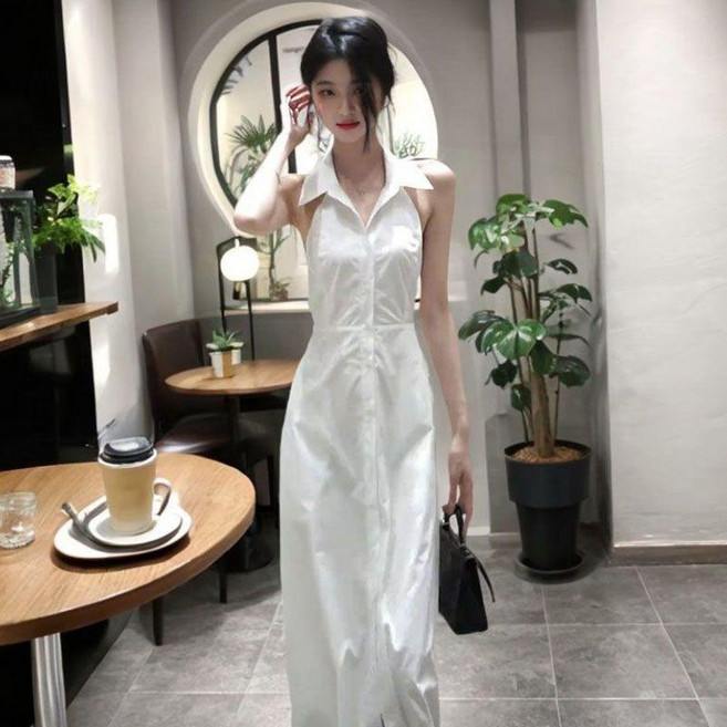 白色襯衫無袖連衣裙 純欲中長裙女, 白色襯衫無袖連衣裙 【時尚減齡】,M 【建議49.0-54.0公斤】
