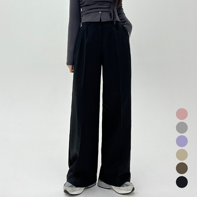 코모도 여성 와이드 슬랙스 팬츠 허리 밴딩 투핀턱 바지 6컬러
