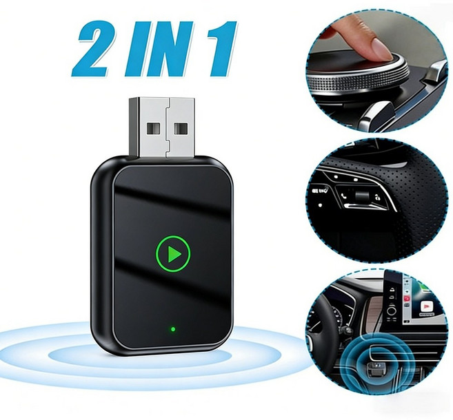 PYHO 2 in 1 미니 무선 스마트 자동차 어댑터 애플 카플레이 안드로이드 오토 어댑터, 블랙, 1개