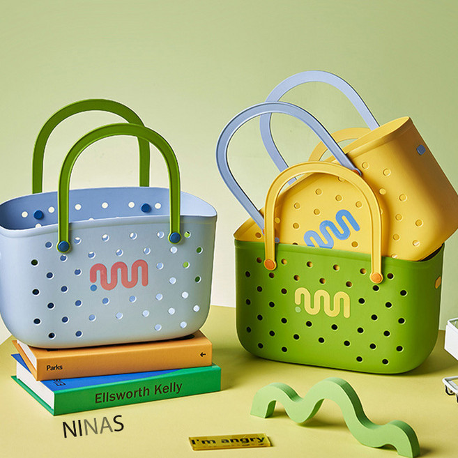 네트백 목욕바구니 목욕가방 젤리백 수영장가방 목욕바구니 장바구니 물빠짐 구멍 펀칭 EVA, 스카이