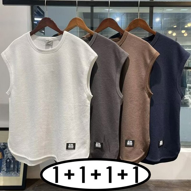 TIMEPURE 1+1+1+1 남성 민소매 티셔츠 여름 루즈핏 빈티지 캐주얼 운동 나시 상의