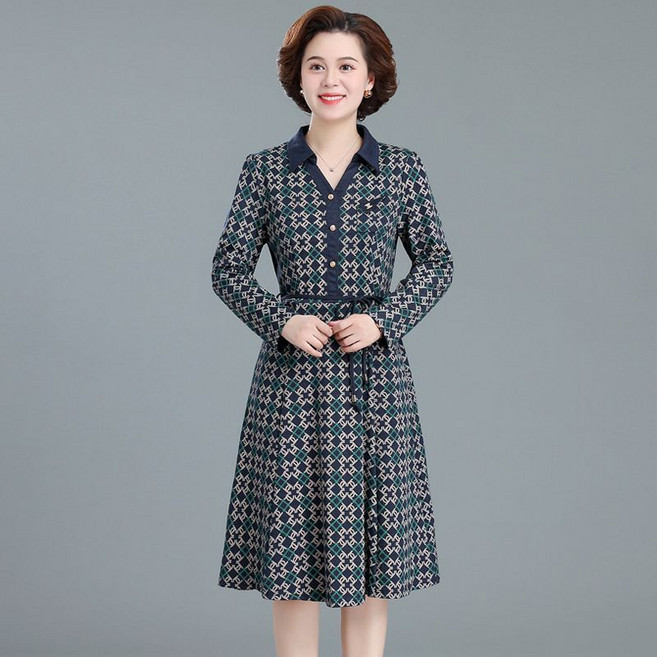 COSYEVNO 중장년 엄마 원피스 가을 브이넥 빅사이즈 루즈핏 패션 체크 프린트 긴팔 미디스커트 40~60대 엄마옷 lyjmmcxlyq-27