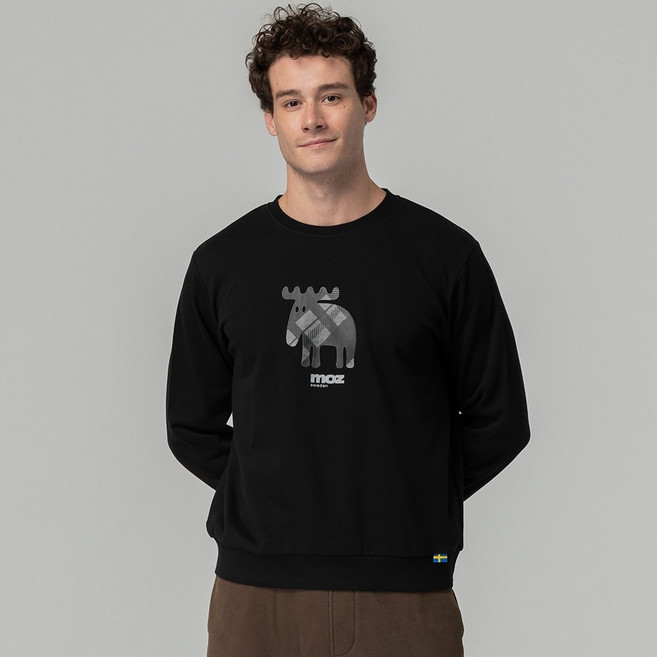 moz sweden 格紋駝鹿純棉大學T 黑色男款 亞洲版