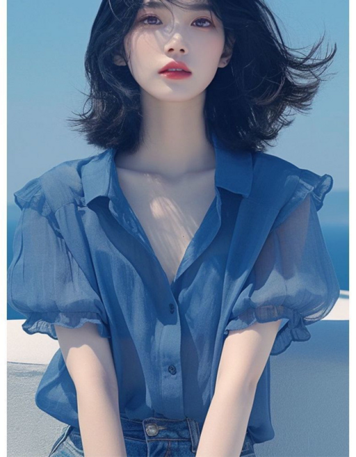 法式氣質藍色泡泡袖雪紡襯衫 女 夏季新款