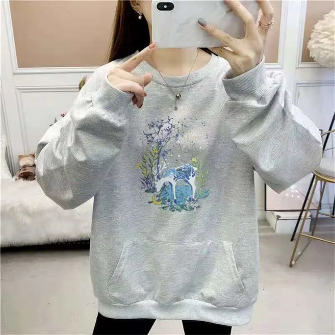 TKX 여성 캐주얼 긴팔 프린트 맨투맨 빅포켓 장식 중년여성 편안한 일상룩 스포츠용