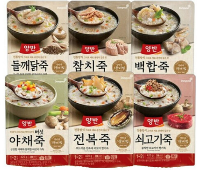 동원 양반죽 간편식 파우치 전복죽+쇠고기죽+참치죽+버섯야채죽+들깨닭죽+백합죽, 1개, 420g