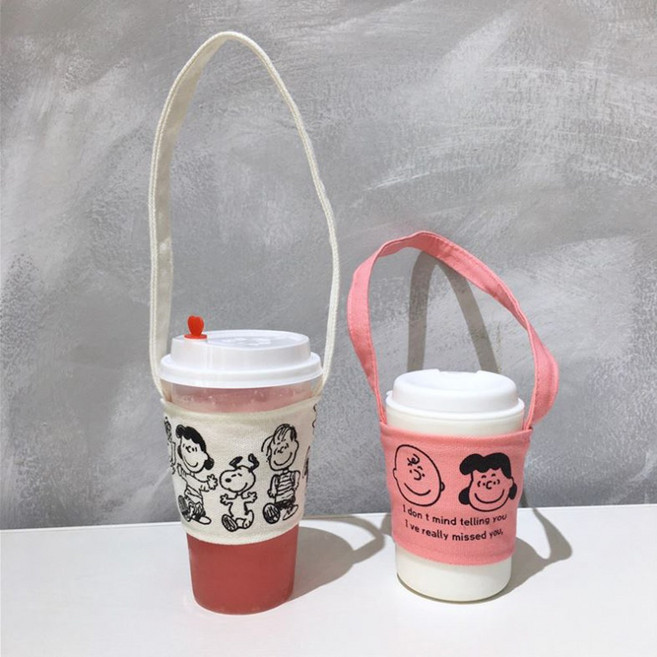 스누피 홀더 텀블러백 드링크백 컵홀더 테이크아웃, 1개, 1개, 핑크