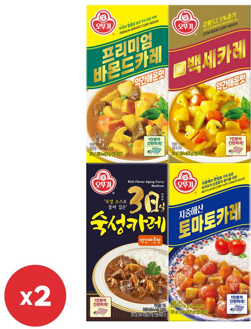 오뚜기 고형 카레 4종 2개씩(프리미엄바몬드 약간매운맛+백세카레 약간매운맛+3일숙성 약간매운맛+지중해산 토마토), 8개, 200g