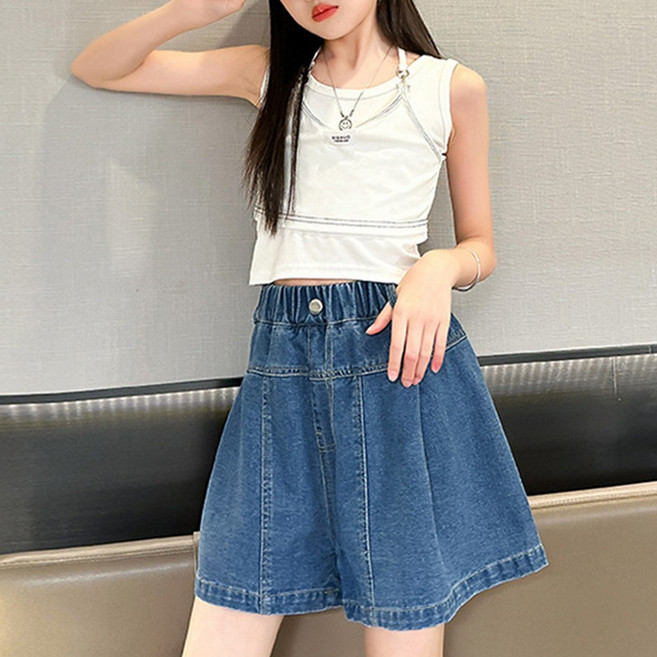 턴트A라인밴딩데님반바지 여아 반바지 청반바지 통팬츠 데님 여름 시원한 아동 초등 주니어