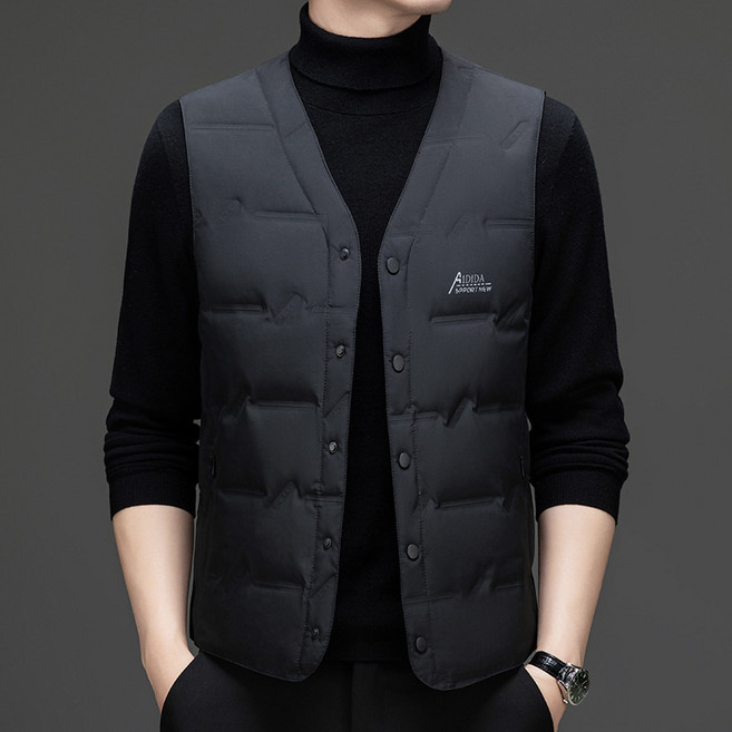 冬新款中年男士羽絨背心V領男式白鴨絨無袖加厚修身高檔羽絨馬甲