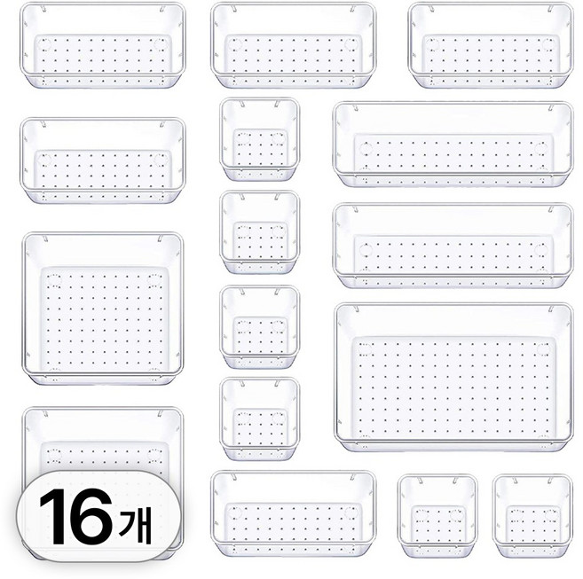 투데이리빙 16개입 세트 프리미엄 투명 서랍 정리함 팬트리 다용도 수납 트레이 주방 화장품 액세서리 문구류 정리 사각 박스 보관함 수납함, 16개, R98332Q(투명