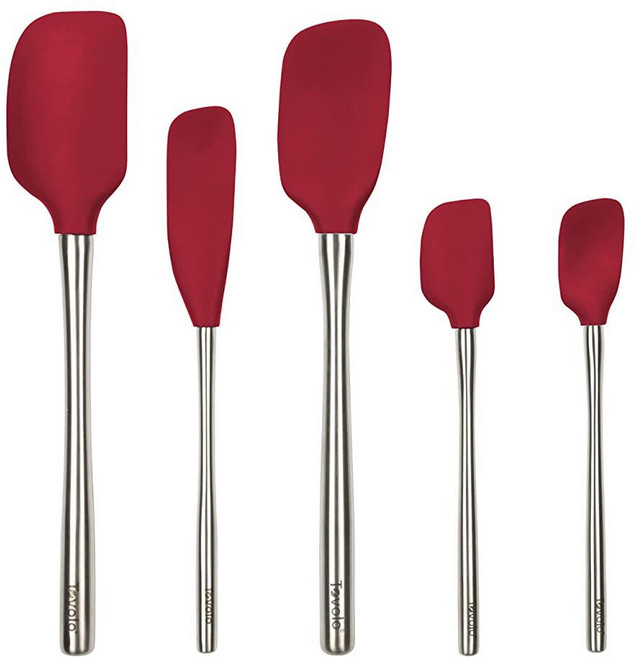 Tovolo Flex Core 5피스 실리콘 주걱 세트 내열성 모든 실리콘 식기 논스틱 주걱 스푼 병 스크레이퍼 포함 식기 세척기 사용 가능 베이킹 믹싱용 BPA 프리 주, Cayenne, Stainless Steel Handle