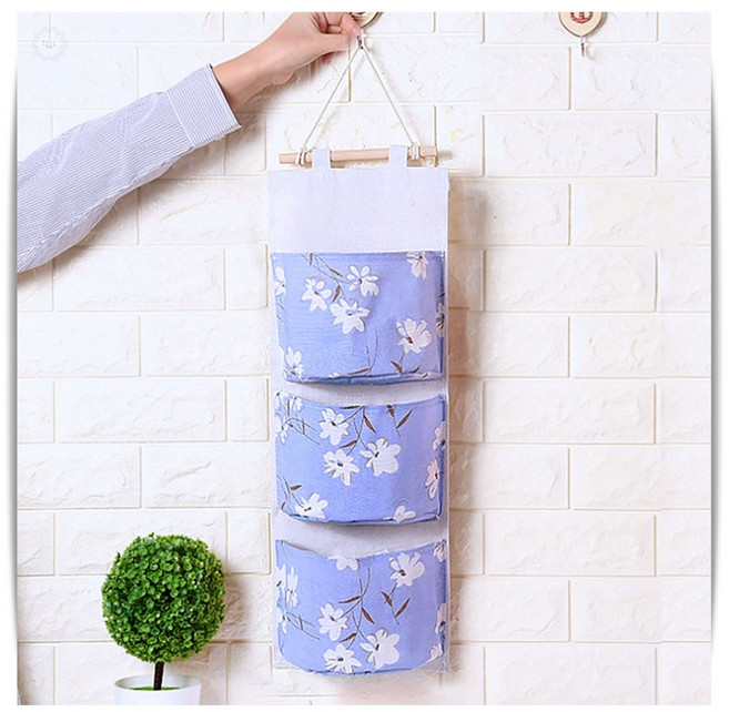 [내추럴정리]린넨 3단벽걸이 수납포켓 블루 앤츠런