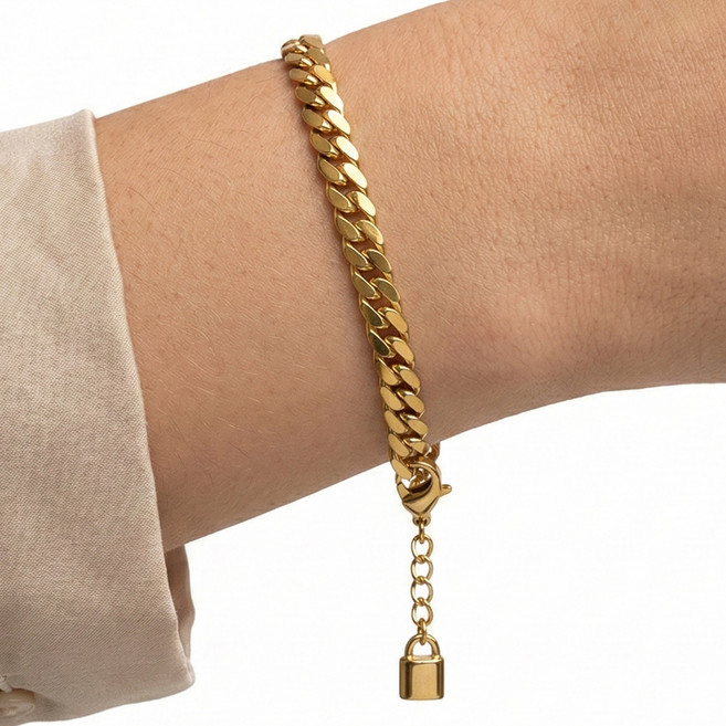 [18K 금도금] 미국 아마존 스테디셀러 르포렘 남자 써지컬스틸 체인 팔찌 18K 골드도금 6mm 피가로 쿠반 커브링크 헤링본 굵은 우정 커플