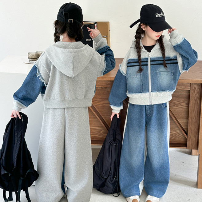 비비키드 여아 데님 라인 포인트 후드집업 초등생 긴팔 상의 초중생 하의 긴바지 주니어 세트 봄 가을 초등생 상의+하의 (R98)