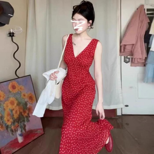 紅色V領碎花無袖連衣裙 女子夏季新款長裙, 紅色,L