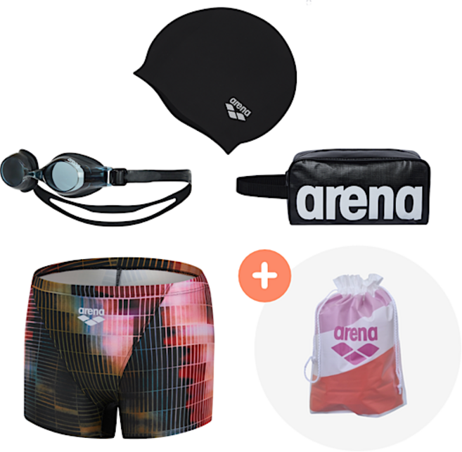 아레나 남성 3부 실내수영복 세트상품 A4FM1PM02 0RG(수경 수모 가방 수영복 고주파주머니)
