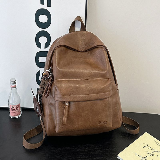 新款純色背包 簡約PU雙肩包 大容量電腦書包 通勤背包 防水休閒包, 棕色,單包無掛件
