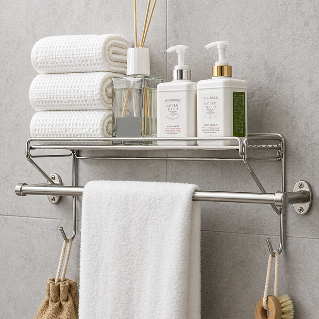 벨리에 수건걸이 선반 무타공 프리미엄 304 스텐 욕실 선반, 1개, 스텐 실버