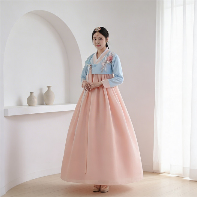 조에온 여성 전통 한복 레이스 꽃 상하세트 A487