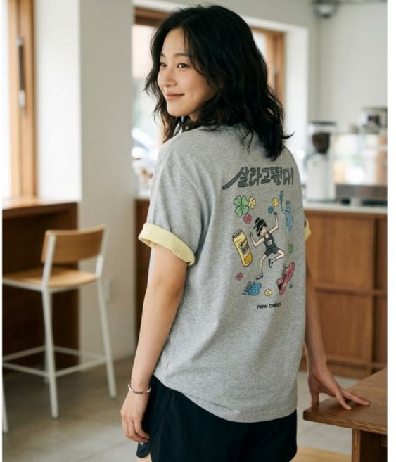 뉴발란스 일상복 운동복 반팔티 반팔 티셔츠티 살라고뛴다 픽토그램 여성 그레이 루즈 루즈핏 오버핏 핏 티셔츠티