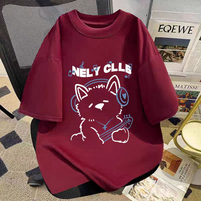 루비루 RB3126 순면 남녀공용 라운드넥 고양이 오버핏 반팔 티셔츠