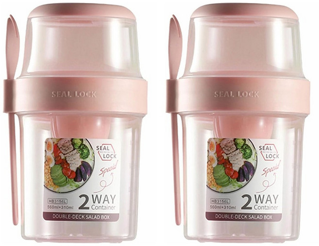 씰락 휴대용 이중 샐러드 컵 스푼 포함 일반도시락, 2개, 310ml + 560ml 핑크
