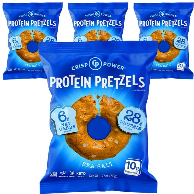 크리스프파워 프로틴 프레첼 씨솔트맛 단백질 보충 건강 스낵, 4개, 50g - 쿠팡