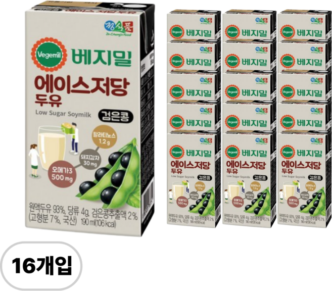 베지밀 에이스 저당두유, 190ml, 16개