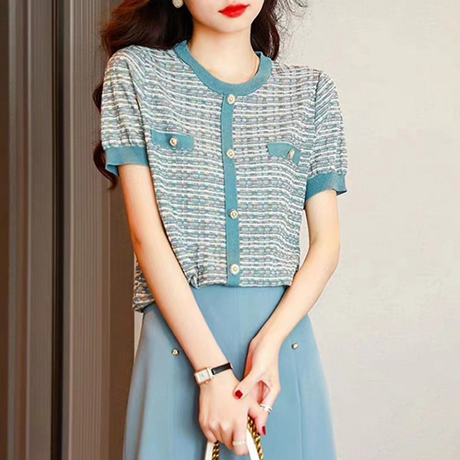 자칠 스타일 반팔 티 얇은 라운드 루즈핏 단가라 티