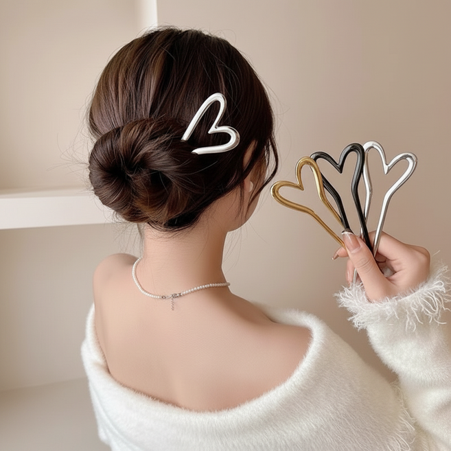 나이니크 하트 메탈 U자 비녀 올림머리 똥머리 셀프 헤어 포인트 핀 3종 세트