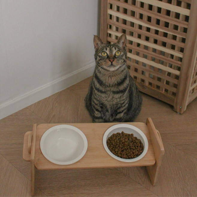 고양이 높이조절 식기 원목 스탠드 밥그릇 물그릇 4타입, 높이조절 대나무 2구 식기, 1