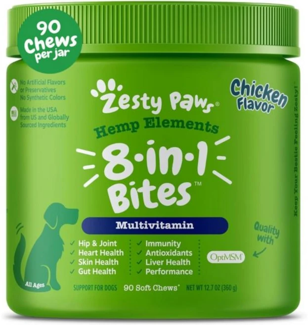 제스티 개 위 멀티비타민 글루코사민 콘드로이틴 + 소화 효소 프로바이오틱스 곡물 프리 비타민 피부 코팅 땅콩버터 90ct, Chicken - Hemp, 90 Count (Pack of 1) - 쿠팡