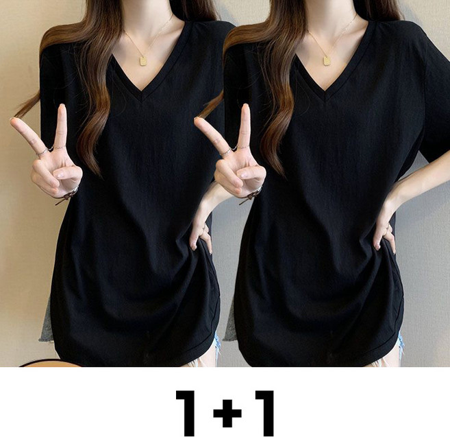 메인워크 1+1 여성 빅사이즈 브이넥 반팔 티셔츠 여름용 스판 캐주얼 루즈핏 심플 냉장고 솔리드 베이직 아우터 쿨링 상의 2매입