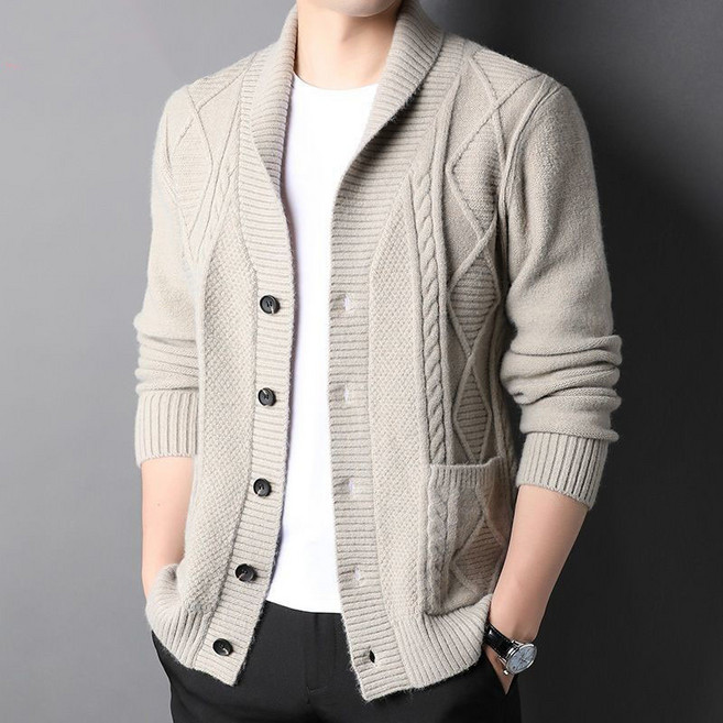 AOKADA 남성 봄 가을 루즈핏 브이넥 꽈배기 아가일 니트 가디건 아웃도어