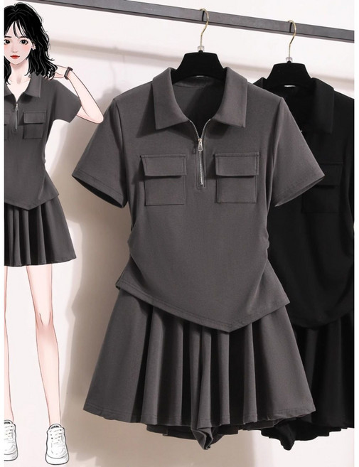 여성 여름 슬림핏 A라인 주름 미니스커트 카라 집업 반팔티 투피스 세트