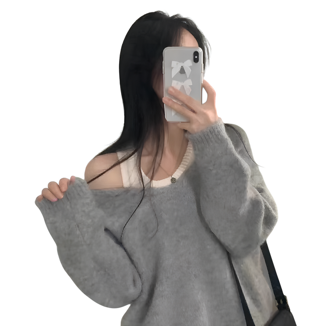 에리르 원오프숄더 레이어드 나시 니트 앙고라 브이넥 스웨터 투피스 세트