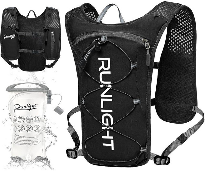 RunLIGHT 라이트 러닝 하이드레이션 조끼 백팩 경량 단열 팩 1.5L 워터 블래더 백 데이팩 하이킹 트레일 러닝 사이클링 레이스 마라톤용 여성용 남성용, 블랙