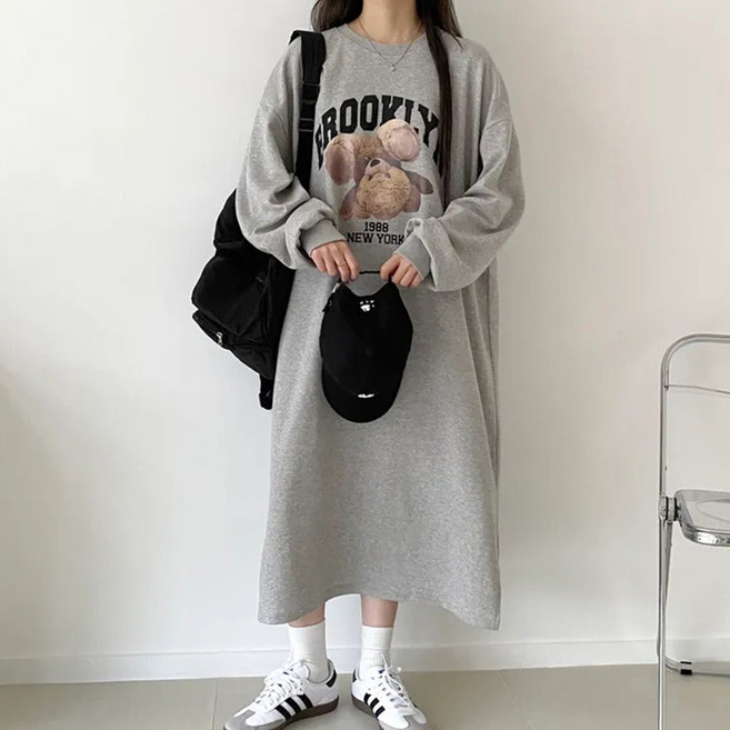 [제이무드] 빅사이즈 66~99사이즈 가을 오버핏 긴팔 롱 원피스 맨투맨 티셔츠 여성 기모