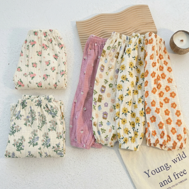 몽실이 거즈면 플라워 배기 팬츠 봄 여름 아동 유아 쿨팬츠 고쟁이 몸빼바지